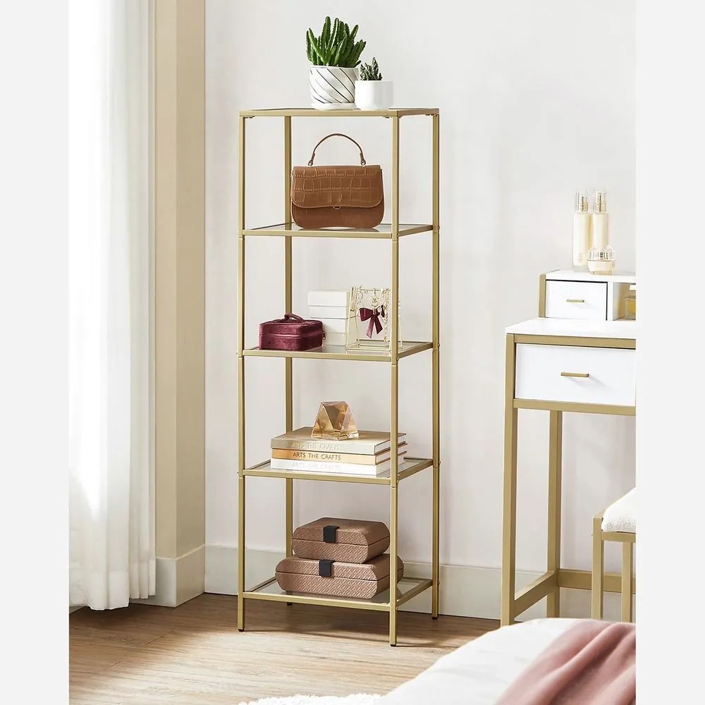 Stojanová polica VASAGLE LGT029A01 – zlatý rám a 5 sklenených políc