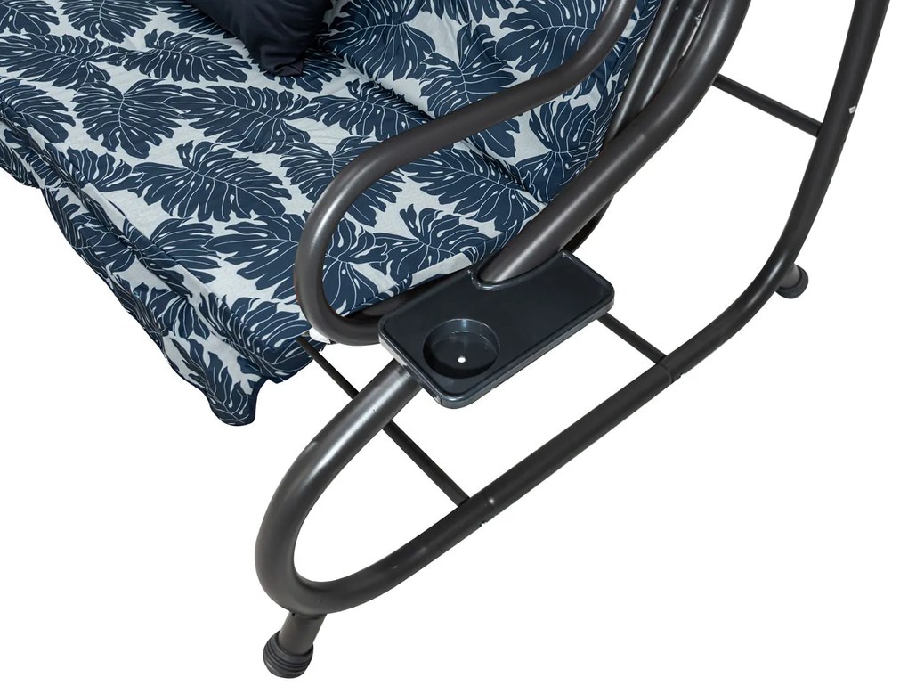 Záhradná hojdačka so strieškou, skladacia 2x1 so vzorom listov, námornícka modrá