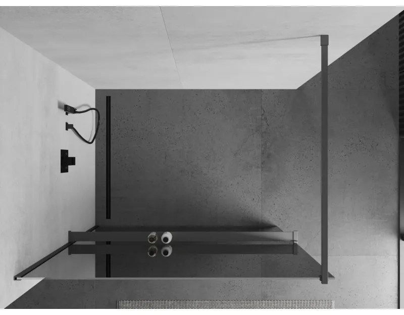 Mexen Kioto+, sprchová zástena Walk-In s poličkou a vešiakom 100 x 200 cm, 8mm sklo vzor zrkadlo, grafitový profil, 800-100-121-95-50