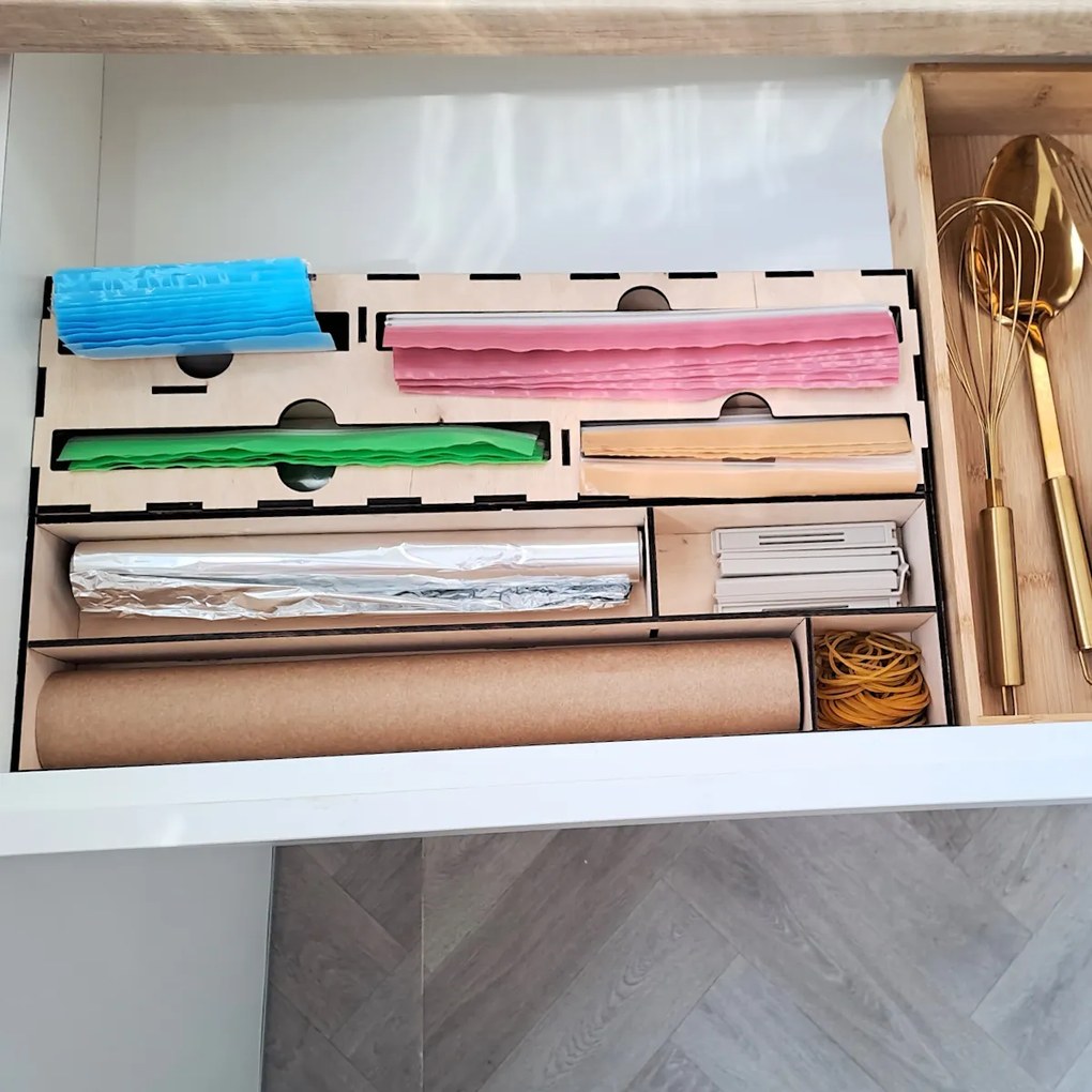 usporadejto.cz Organizér na fólie/alobal, 4 priehradky do zásuvky, drevený VASKY 13 x 46 cm