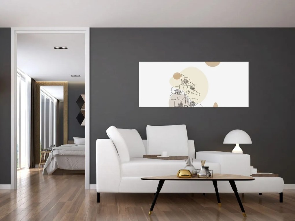 Obraz - Béžové kvety s motýľom N⁰4 (120x50 cm)