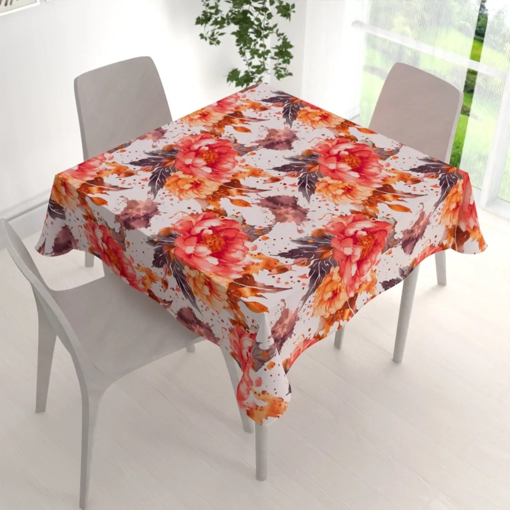 Biante Bavlnený štvorcový obrus Sandra SA-600 Veľké červeno-ružovo-oranžové kvety pivonky na bielom 100x100 cm