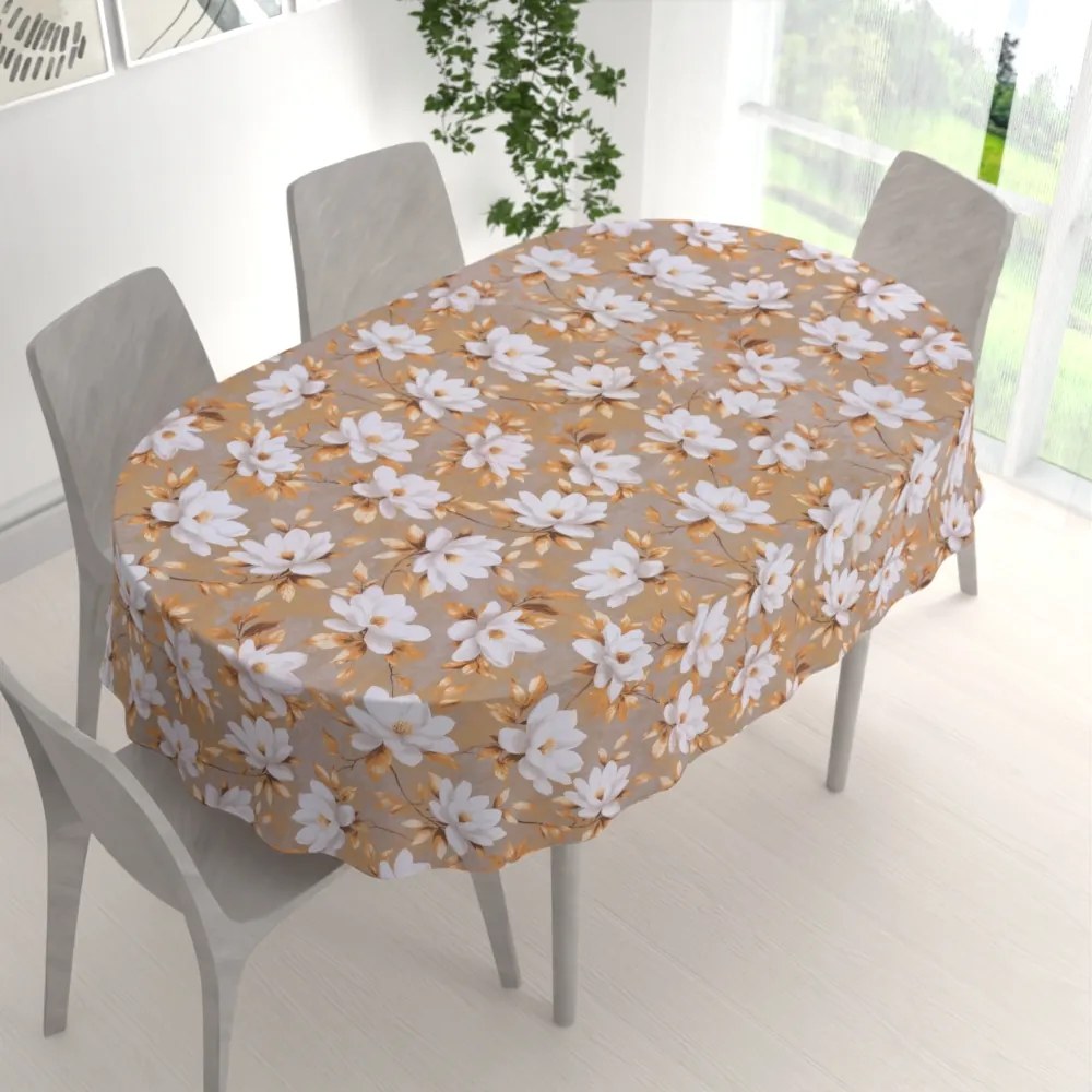 Biante Bavlnený oválny obrus Sandra SA-717 Biele kvety magnólie na hnedosivom 80x120 cm