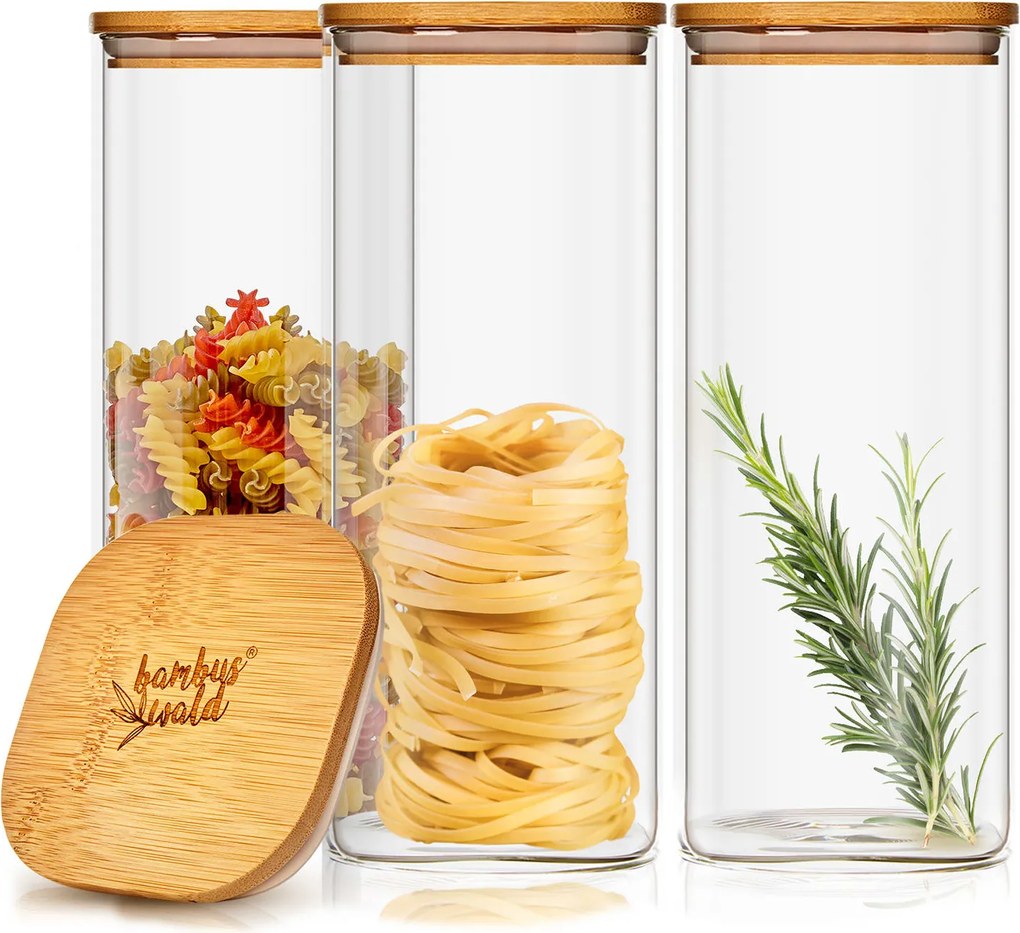 Klarstein Hranatá nádoba na skladovanie potravín s bambusovým vrchnákom, 10 x 20,5 x 10 cm, 3 x 1500 ml, vzduchotesná, so silikónovým tesnením