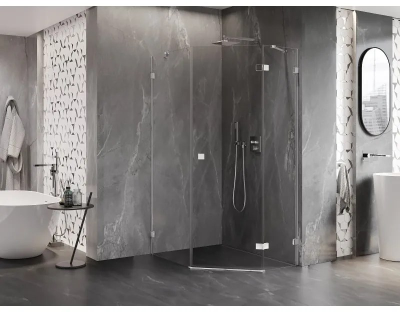 Mexen Lunar, pravý výklopný päťuholníkový sprchový kút 90 x 100 cm, 8mm číre sklo, chrómový profil, 831-090P-100L-01-00-P