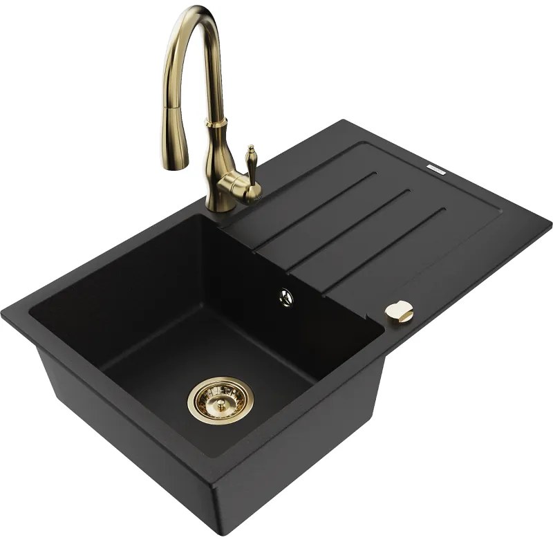 Mexen Bruno, 1-komorový granitový drez 795x495x200 mm a drezová batéria Savita, čierna, 6513-77-672601-50
