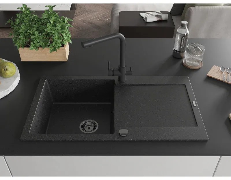Mexen Leo, drez granitový 900x500x190 mm, 1-komorový a čierna batéria Duero, čierna-strieborná metalíza, 6501-73-671600-70-B