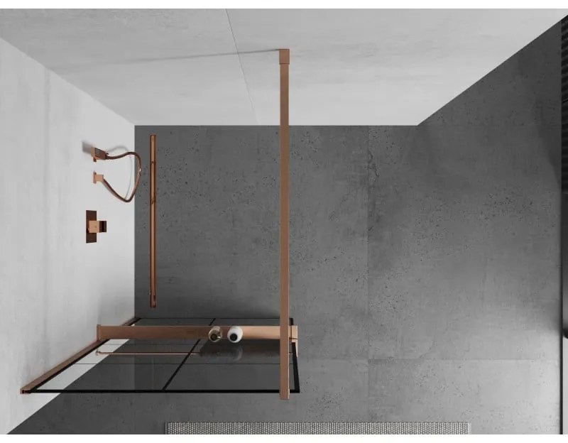 Mexen Kioto+, sprchová zástena Walk-In s poličkou a vešiakom 90 x 200 cm, 8mm číre sklo čierny vzor, medený matný profil, 800-090-121-65-77