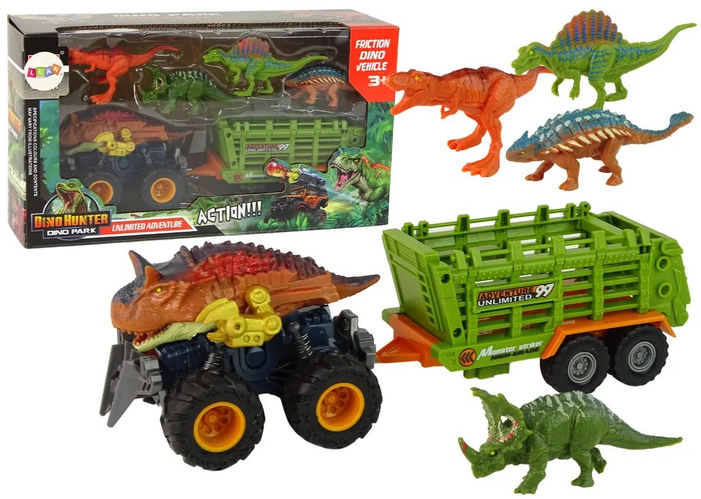 Lean Toys Hnedé vozidlo s prívesom a motívom Dinosaura - 4 kusy dinosaura