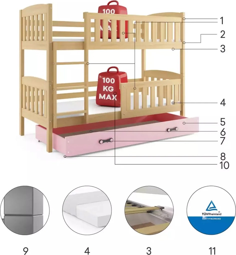 Poschodová posteľ KUBO 200x90 | borovica - ružová