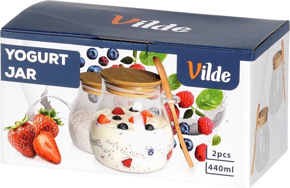 VILDE Sada 2ks pohárov na jogurt / dezert s bambusovým viečkom a lyžicou, 2x440ml