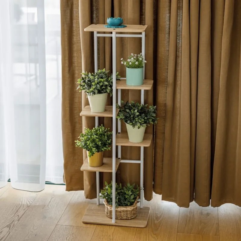 Kondela Stojan na kvety, kov biely, DTD dub sonoma, LEDOR TYP 1