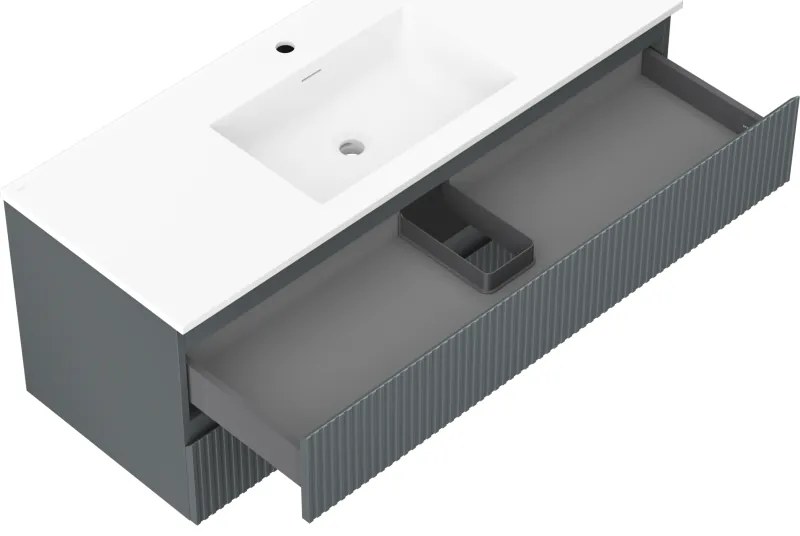 Mexen Rivel, kúpeľňová skrinka 120 cm s umývadlom Otis, 2 zásuvky, drážkovaná, grafitová matná/biela matná, 91A20-12047-2-BFF66-W18M