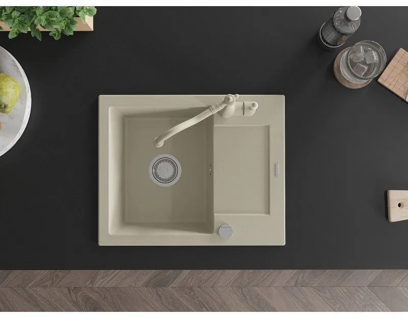 Mexen Enzo, granitový drez 576x465x174 mm, 1-komorový a drezová batéria Carla, béžová, 6506-69-670700-69