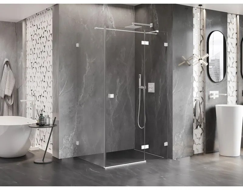 Mexen Lunar T, sklopný pravý sprchový kút 140 x 80 cm, 8mm číre sklo, biely profil, 834T-140-080-20-00-P