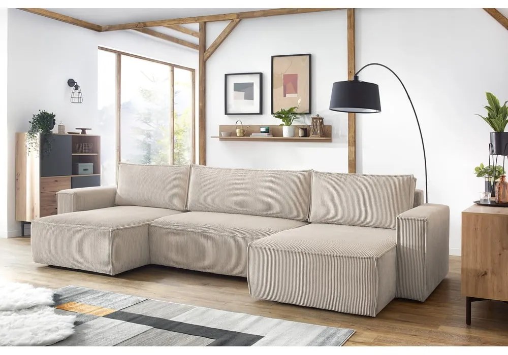 Béžová menčestrová rozkladacia rohová pohovka do "U" Nihad – Bobochic Paris