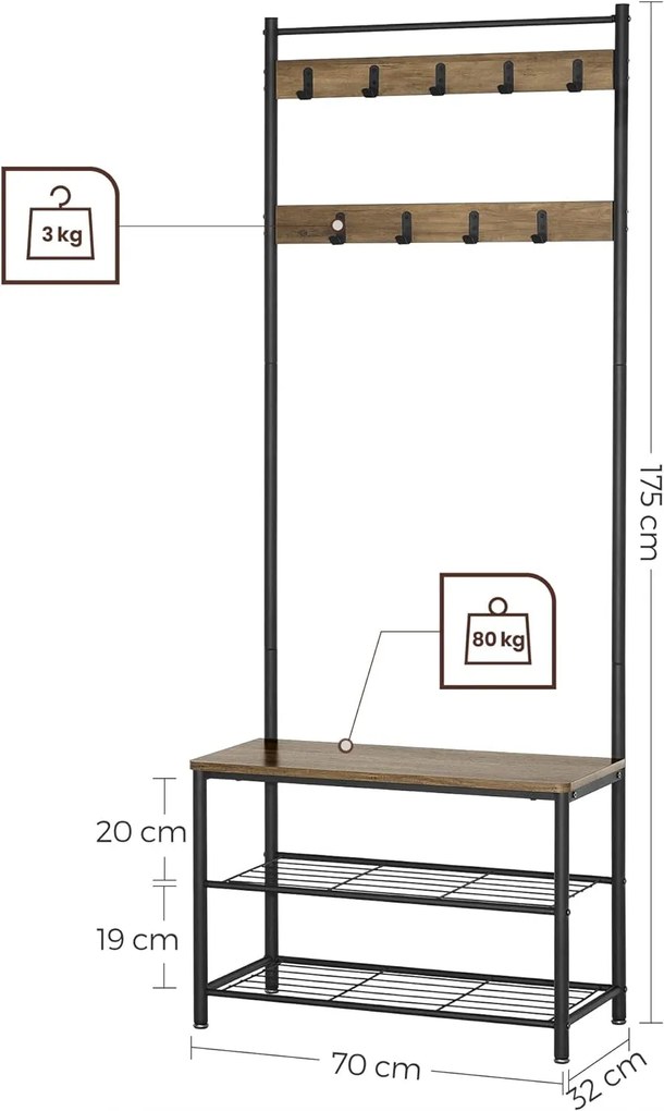 VASAGLE Priemyselná predsieňová stena 70 x 32 x 175 cm hnedá