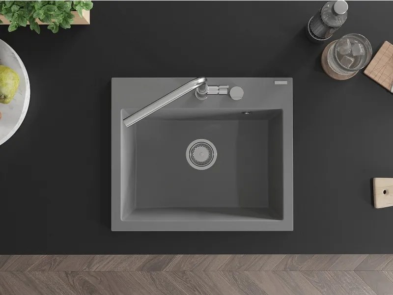 Mexen Oscar granitový drez 1-komorový 580 x 490 mm, sivý, sifón chróm - 6519581000-71