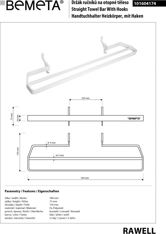Bemeta Design RAWELL: Držiak uterákov na vykurovacie teleso 320 mm, biela - 101604174