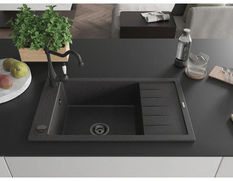Mexen Elias, granitový drez 795x480x200 mm, 1-komorový a drezová batéria Carla, čierna škvrnitá, 6511-76-670700-70-B
