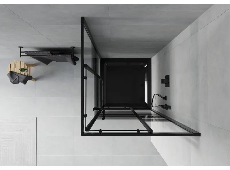 Mexen Rio, štvorcový sprchovací kút s posuvnými dverami 90(dvere) x 90(dvere) x 190 cm, 6mm číre sklo s pásikmi, čierny profil + čierna sprchová vanička SLIM, 860-090-090-70-20-4070B