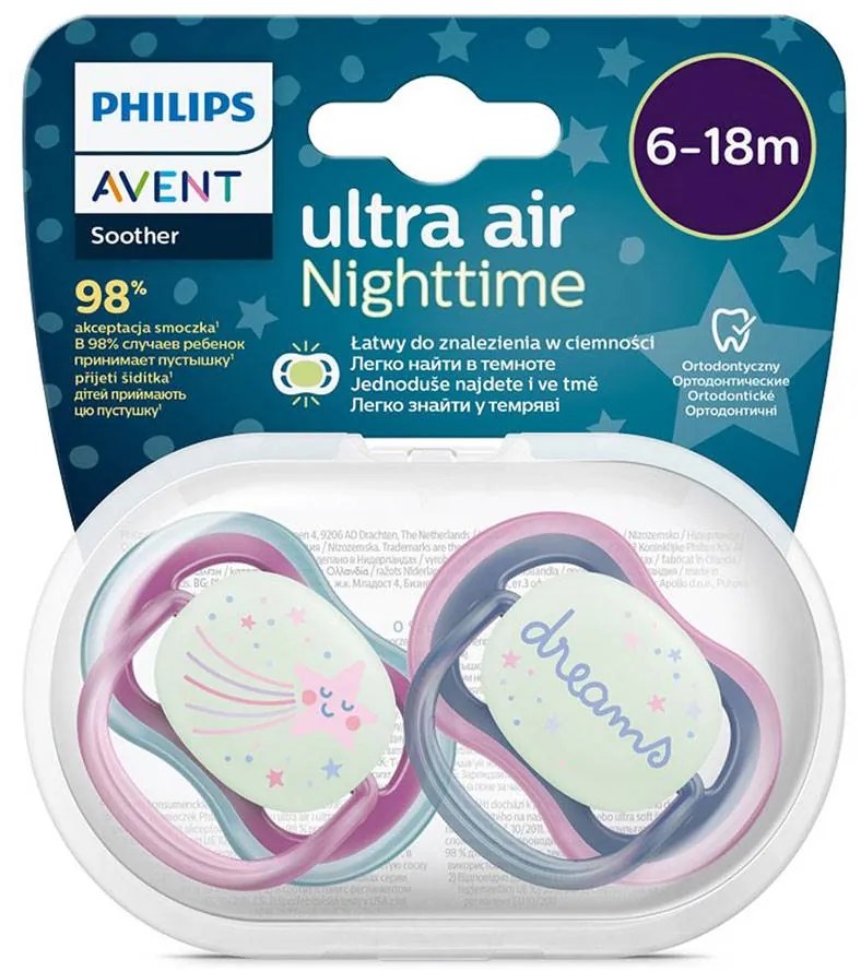 Dojčenský cumlík Ultra air Night Avent 6-18 mesiacov - 2 ks dievča, vel. 6-18 m