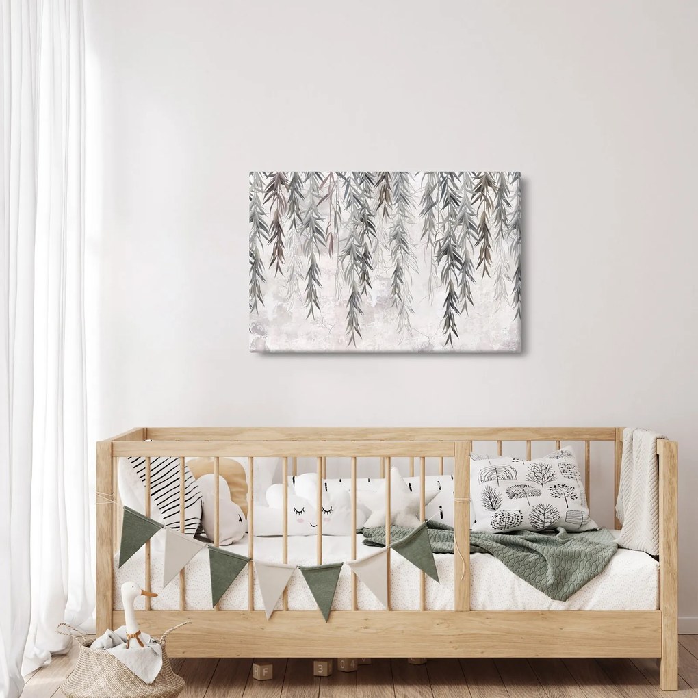 Obraz - Vŕbové vetvičky v šedej omietke (90x60 cm)
