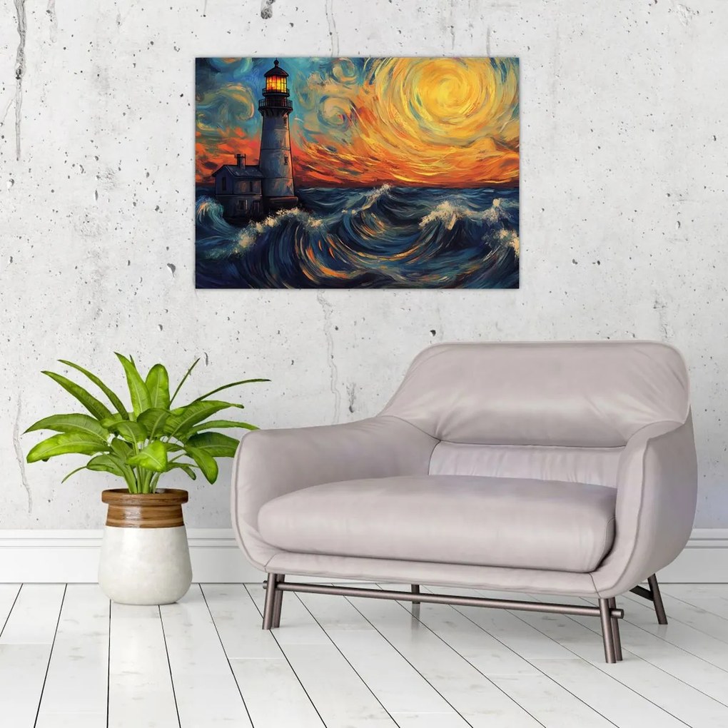 Sklenený obraz - Maják vo vlnách (70x50 cm)
