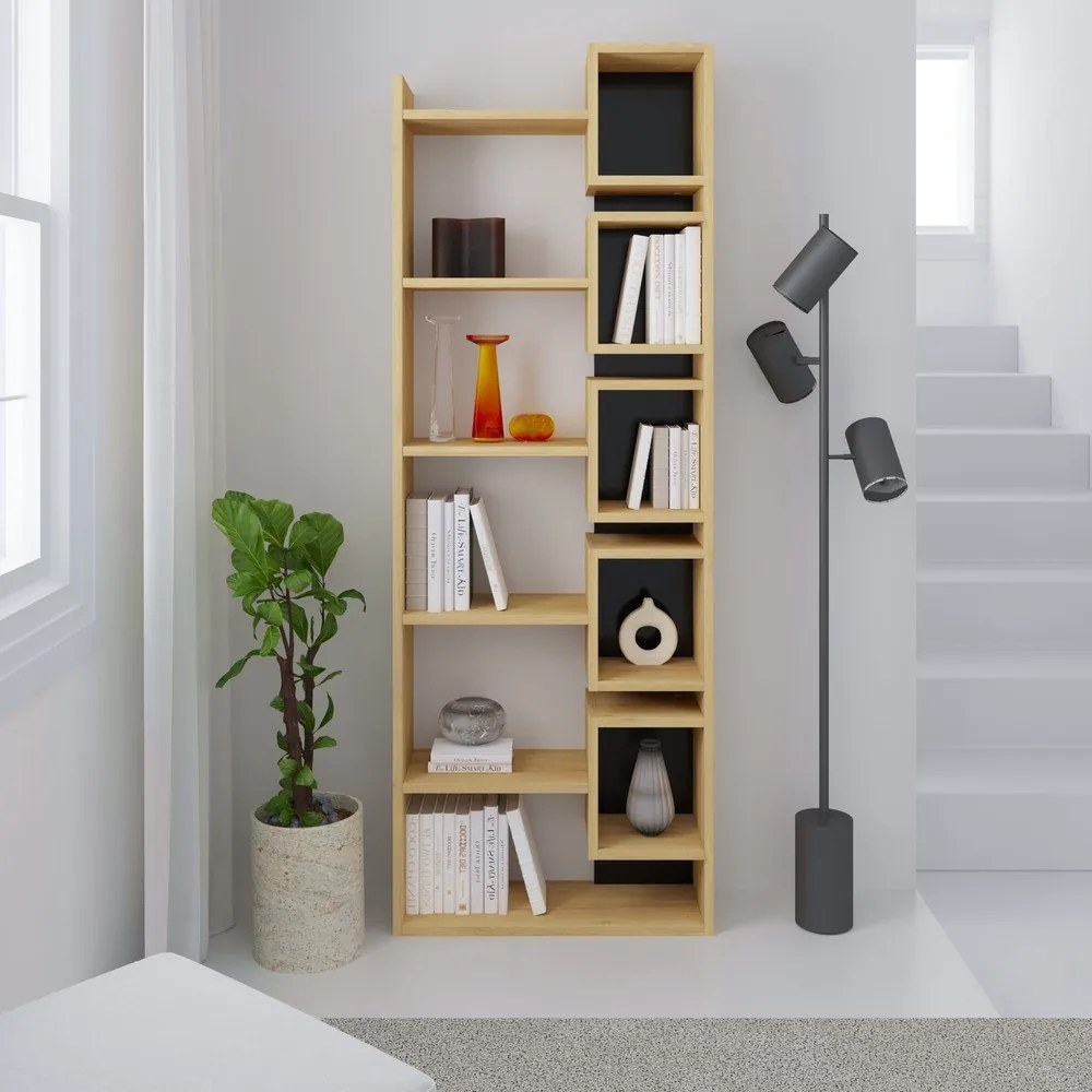 Knižnica v dekore duba v čierno-prírodnej farbe 60x168,5 cm Eladi – Marckeric