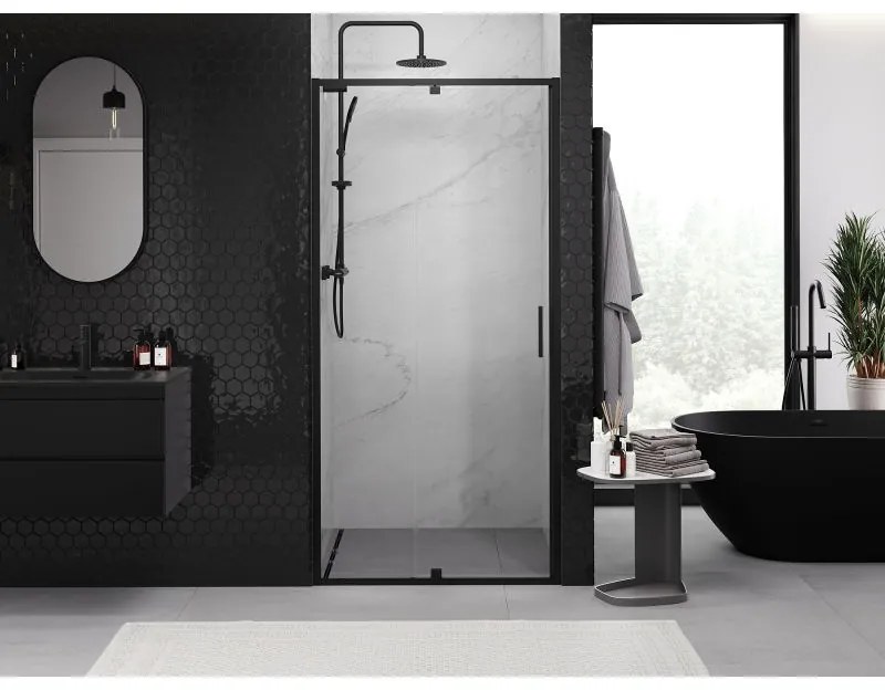 Mexen Exo, 1-krídlové dvere do otvoru 115x200 cm, 6mm číre sklo, čierny profil, 819-115-000-70-00