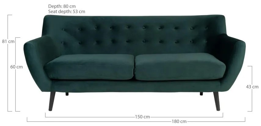 House Nordic - Pohovka 3-miestna MONTE 180 cm, zelená, zamat