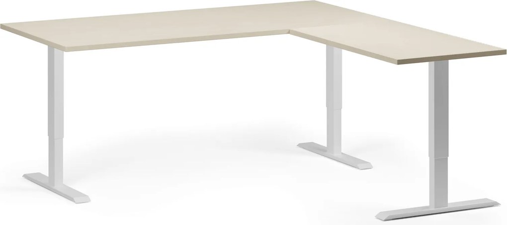 Výškovo nastaviteľný stôl, 180x180 cm, 3 motory, L/P, biela podnož, breza