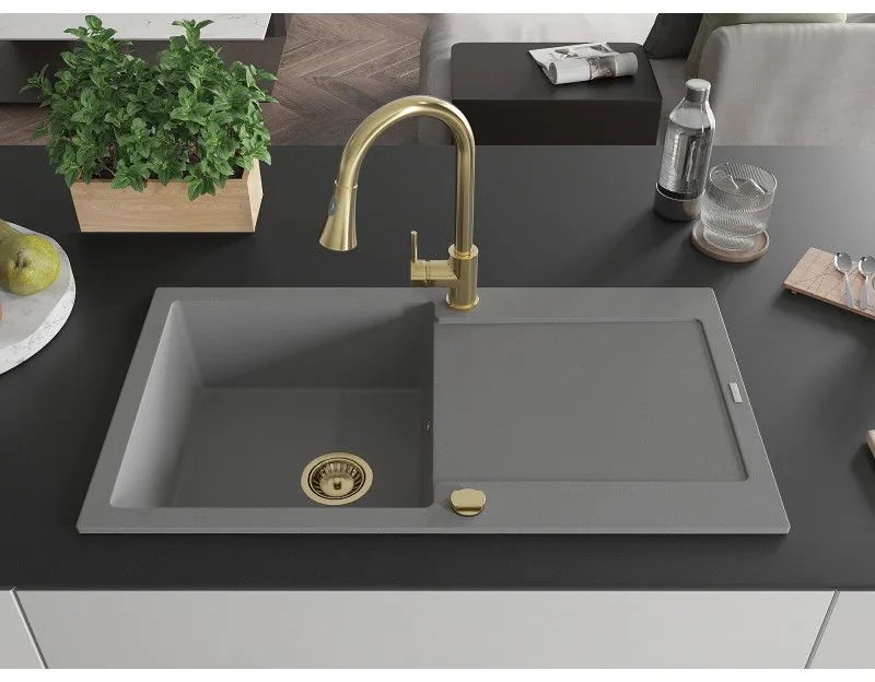 Mexen Leo, 1-komorový granitový drez 900x500x190 mm a drezová batéria Elia, šedá, 6501-71-670101-50