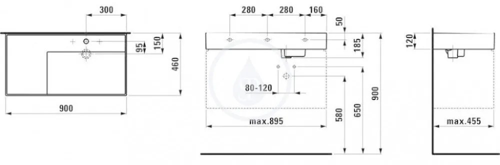 LAUFEN Kartell Umývadlo, 900 mm x 460 mm, biela – bez prepadu, s 1 otvorom na batériu, s LCC H8103394001111