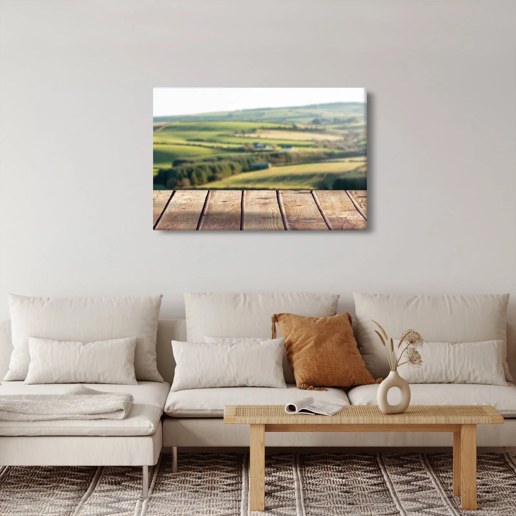 Obraz - Drevená polica s krajinou (90x60 cm)