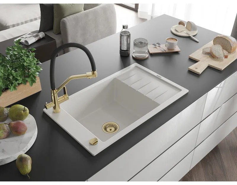 Mexen Elias, 1-komorový granitový drez 795x480x200 mm a drezová batéria Duo, biela, 6511-20-671701-57-G
