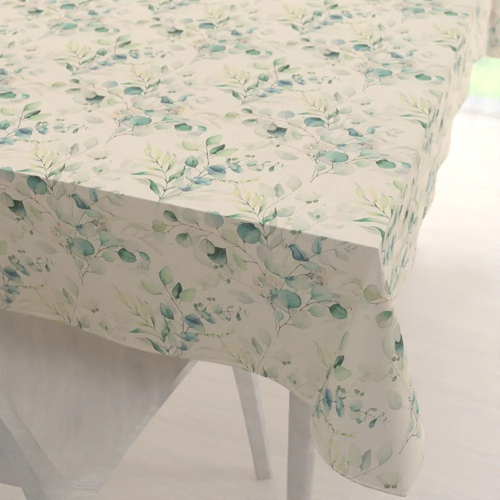 Biante Ľanový obdĺžnikový dekoračný obrus LEN-010 Modrozelené listy eukalyptu na režnom 60x100 cm