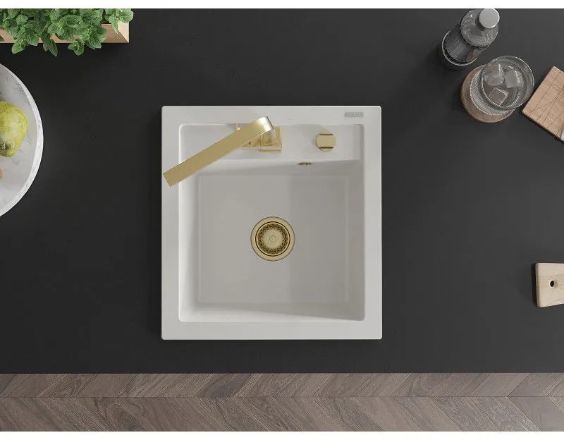 Mexen Vito, 1-komorový granitový drez 520x490x210 mm, zlatá batéria Rita, biela, 6503-20-670300-50