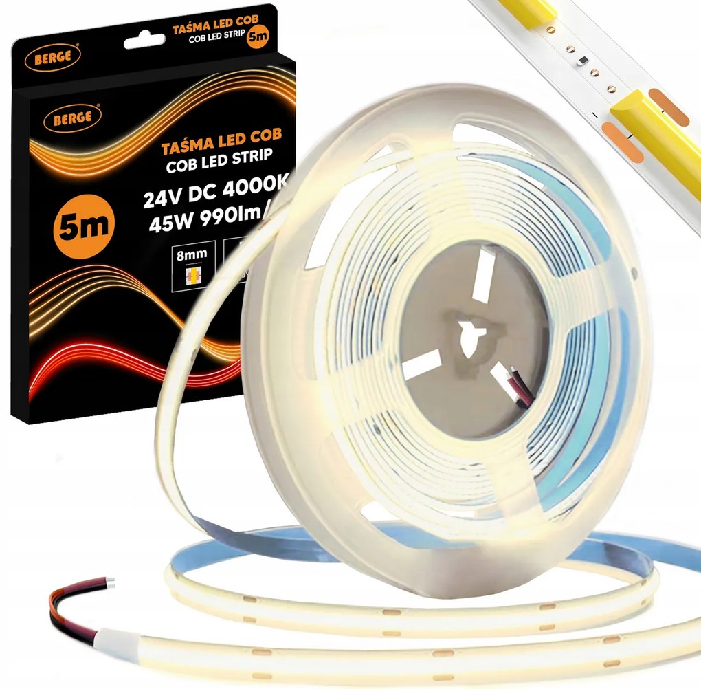 BERGE LED pásik COB Neon 24V - 480D - 9W/m - IP20 - 990lm - 5m - neutrálna farba