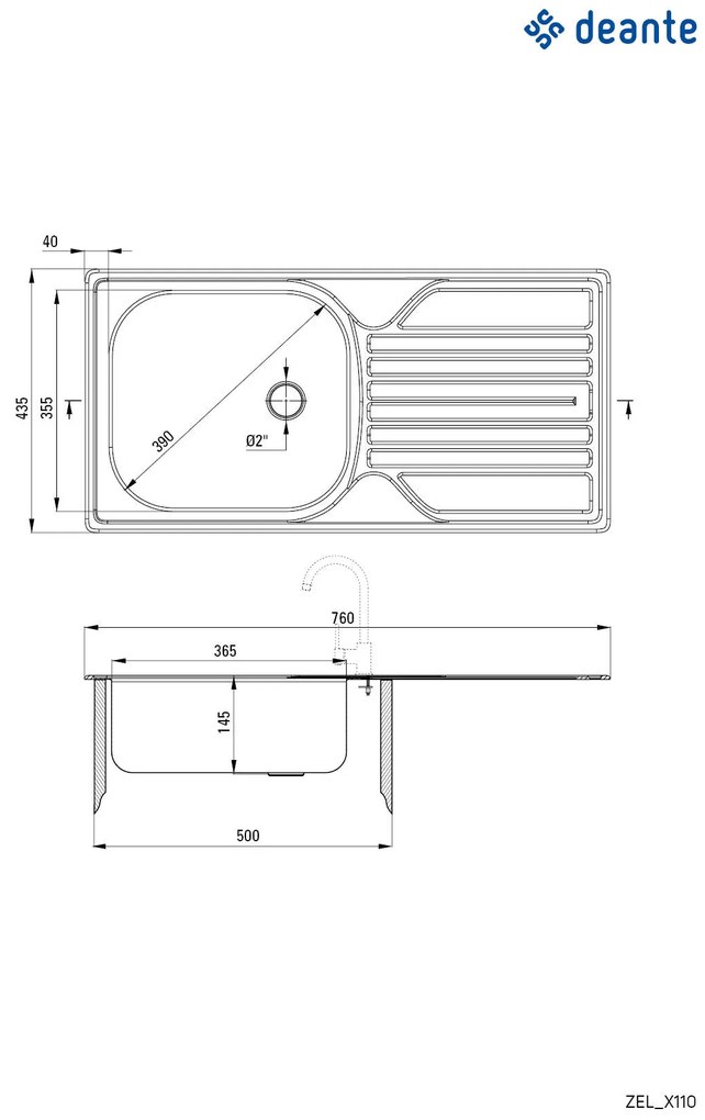 Deante Legato, nerezový drez na dosku 1-komorový Z/O 760x435x145 2" + sifón, vzor satyna, ZEL_0110