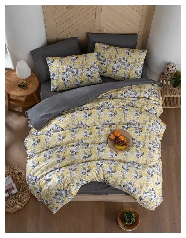 Žlto-sivé 4-dielne predĺžené obliečky na dvojlôžko s plachtou 200x220 cm Leaves – Mila Home