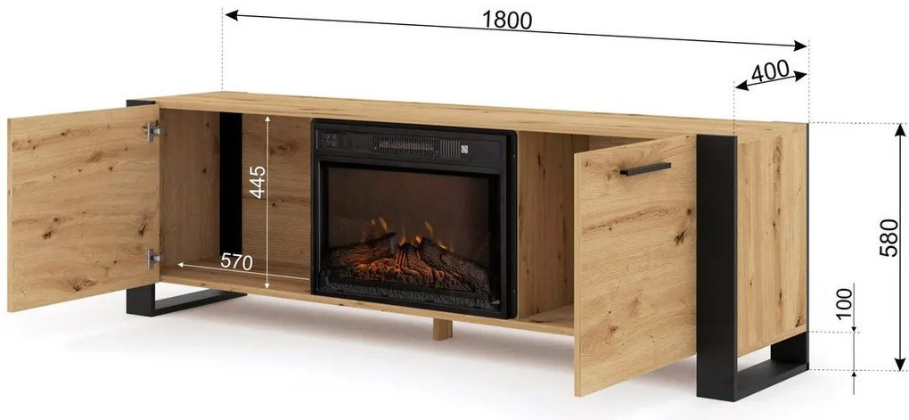 TV skrinka/stolík s krbom Nulakka (dub artisan + čierna). Akcia -20%. Vlastná spoľahlivá doprava až k Vám domov. 1124968