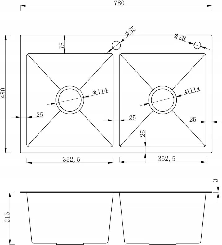 Erga HD, 2-komorový oceľový drez 780x480x215 mm, brúsená oceľ, ERG-MLS-LEX7848