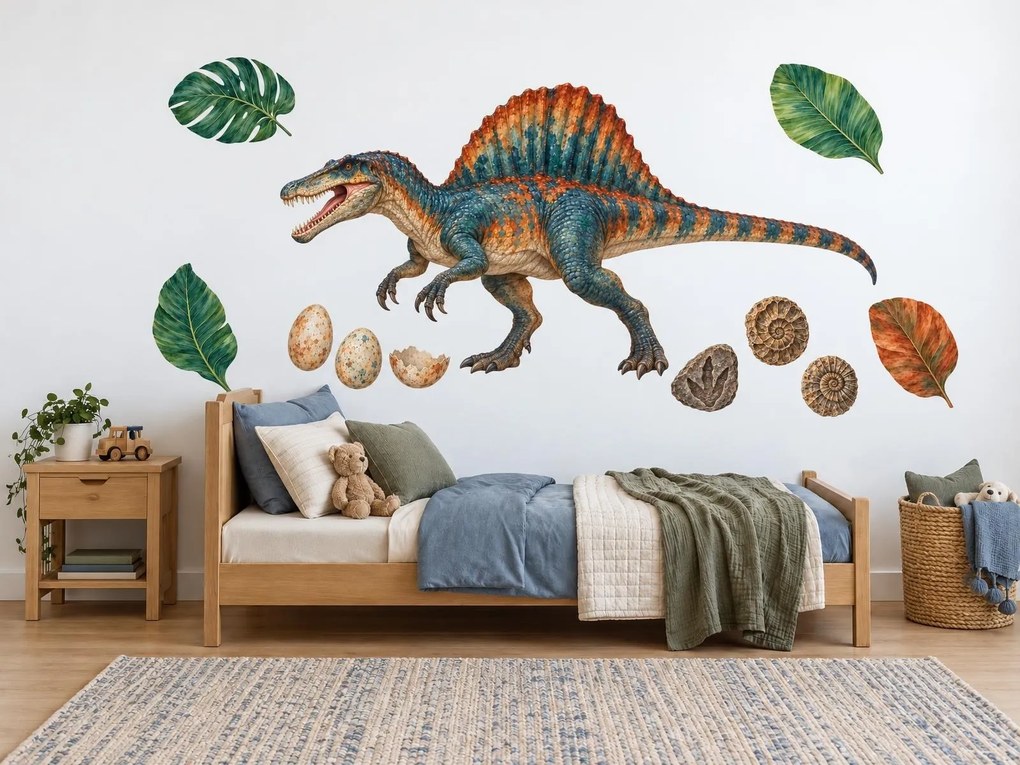 Spinosaurus s vajcami a fosíliami realistické dinosaurie nálepky do chlapčenskej izby na stenu arch 46 x 29 cm