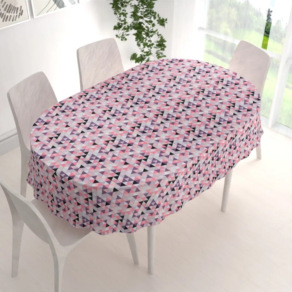 Biante Bavlnený oválny obrus Sandra SA-330 Ružovo-fialovo-čierne trojuholníčky 120x140 cm
