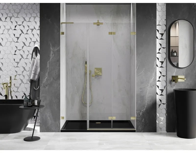 Mexen Lunar-F, L pravé sklápacie sprchové dvere 150 cm, 8mm číre sklo, zlatý matný profil, 836SL-150-050-55-00-P