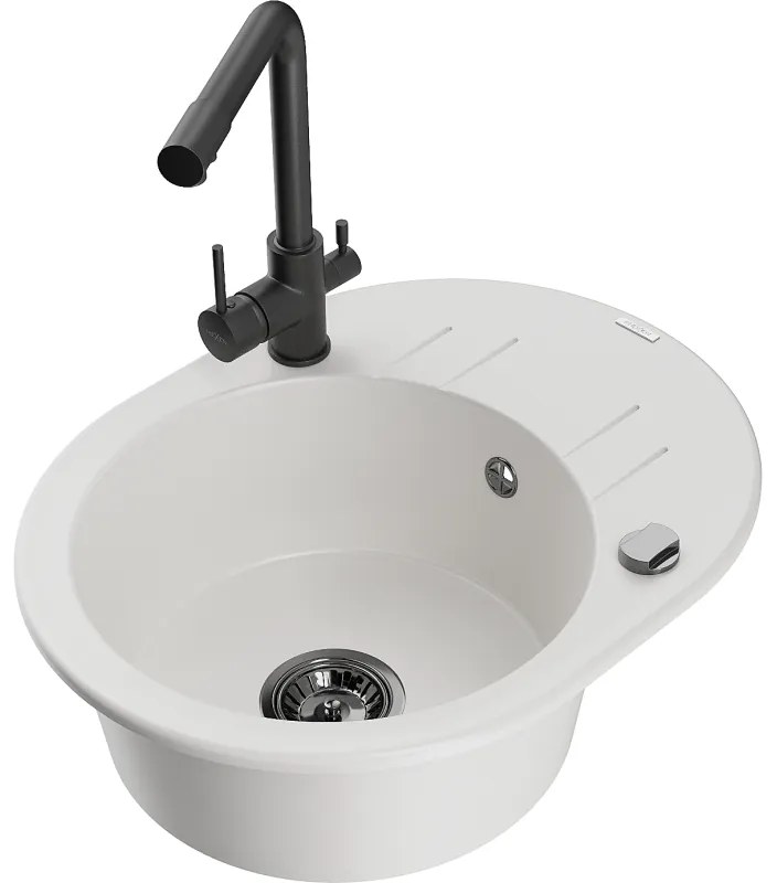 Mexen Kevin, drez granitový 586x458x190 mm, 1-komorový a čierna Duero batéria, biela, 6517-20-671600-70