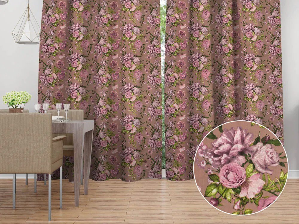 Biante Bavlnený záves Sandra SA-554 Ruže a hortenzie na hnedom 140x210 cm