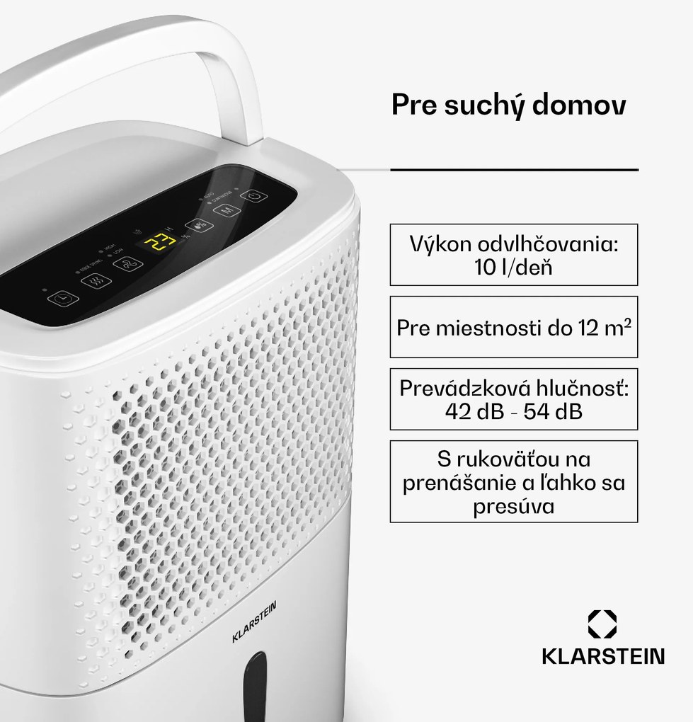 Klarstein DryFy 10L odvlhčovač, 10 l/deň, 20-30m², 80 m³/h, časovač, nádrž na vodu, mobilný