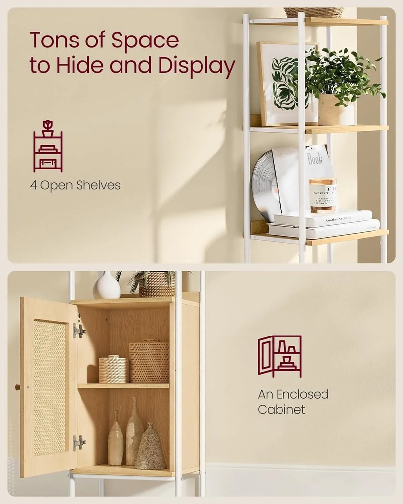 6-úrovňová knižnica, vysoká polica na knihy s dvierkami, farba dub a biela